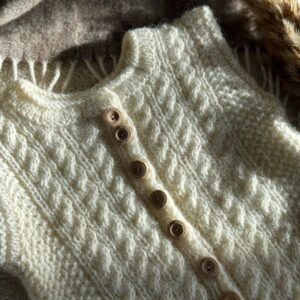 Handgestrickte Baby-Weste mit Zopfmuster und Holzknöpfen in Naturweiss