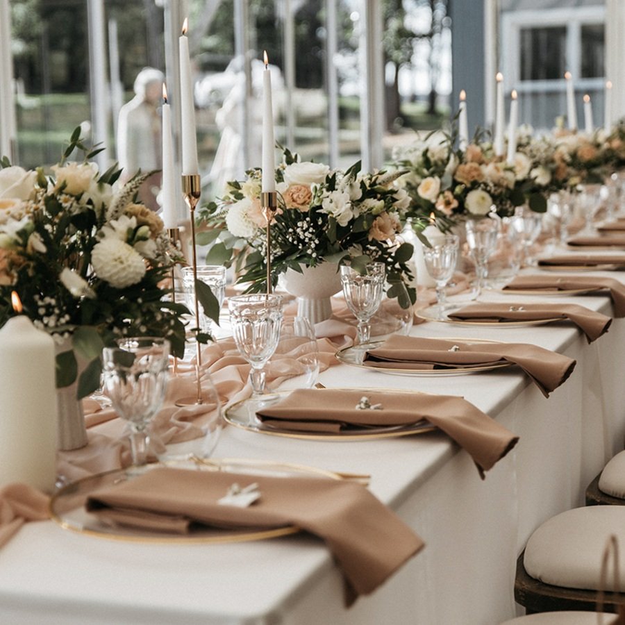 Beige Hochzeits-Tischdekoration mit Blumen und Kerzen