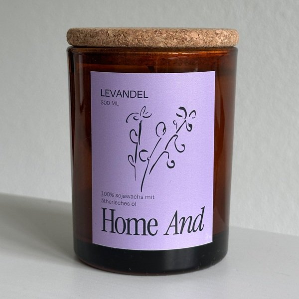 Lavendel Duftkerze 300 ml im braunen Rundglas mit Korkdeckel