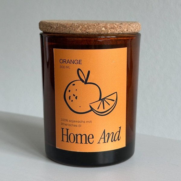 Orange Duftkerze 300 ml im braunen Rundglas mit Korkdeckel